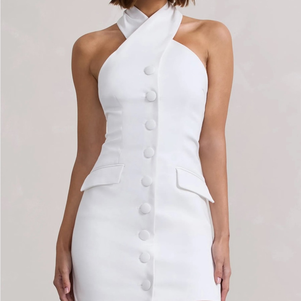 Club L London White Strapless Halter Button-Front Bodycon Dress